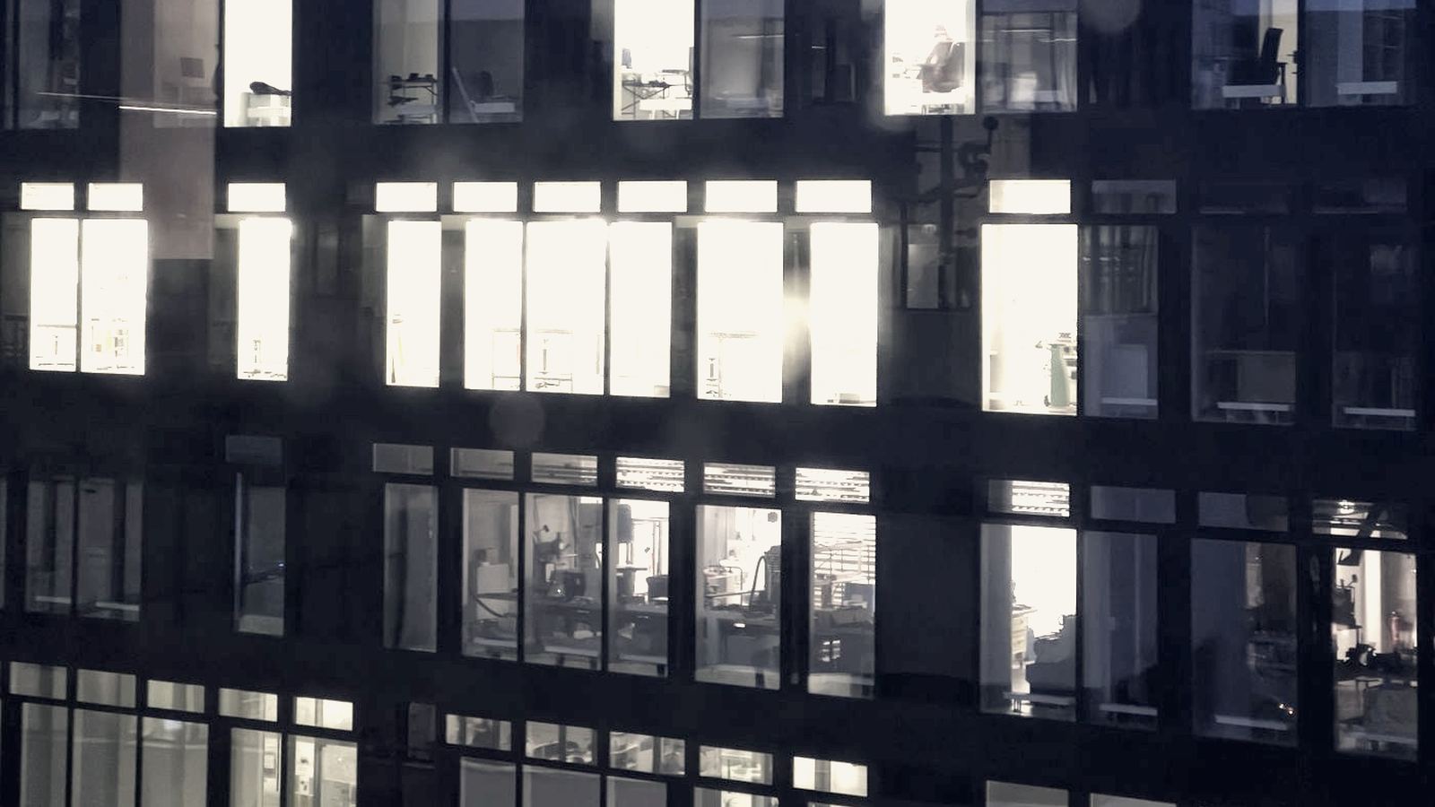 Grid of illuminated office windows across a building at dusk